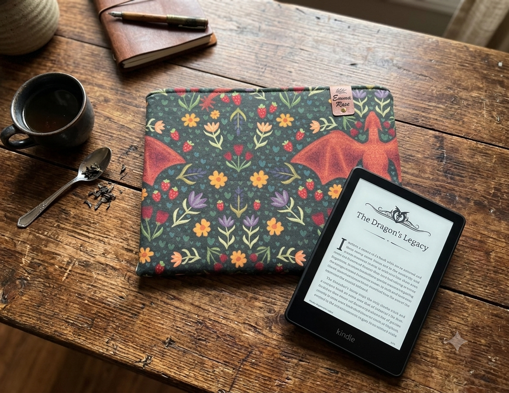 Green Floral Dragon Kindle Sleeve | E-Reader Cover | Book Lover Gift