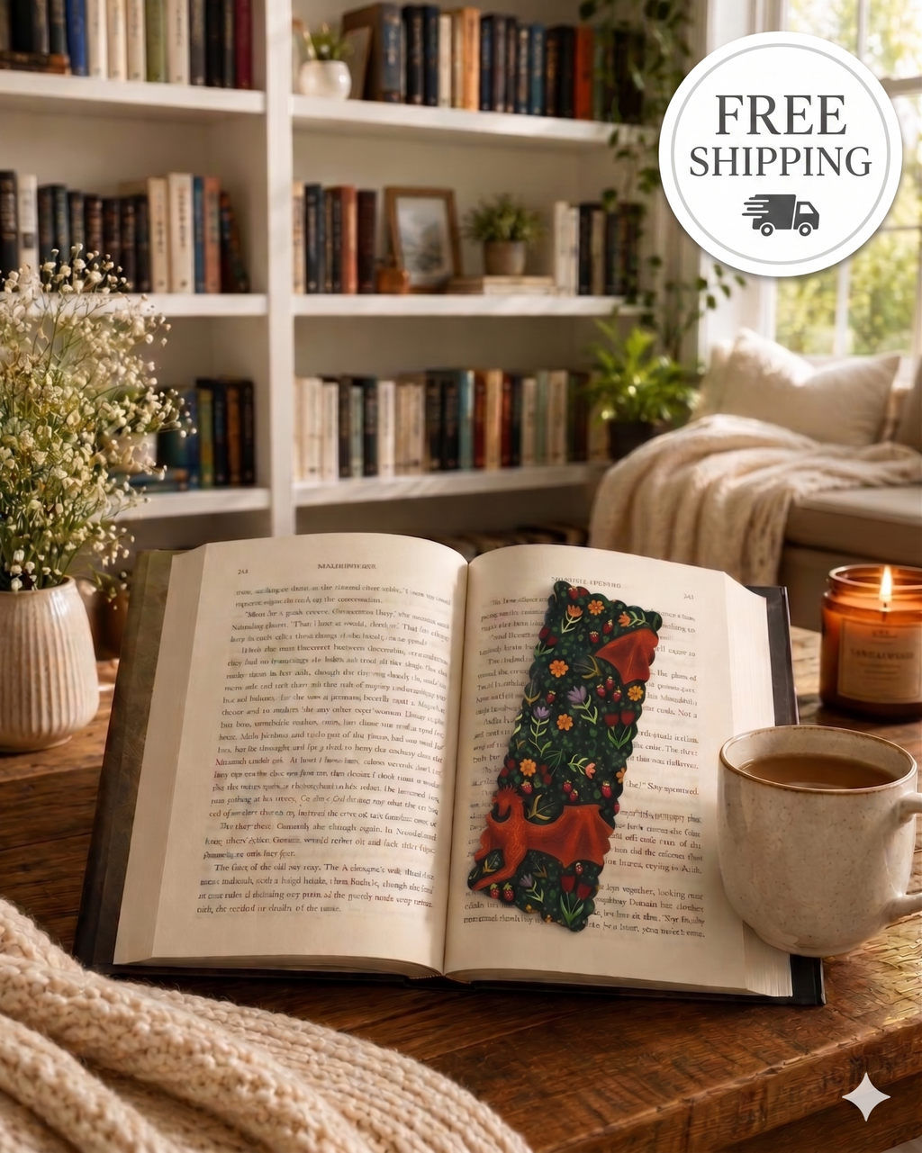 Fabric Bookmark - Floral Dragon Design - Book Lover Gifts