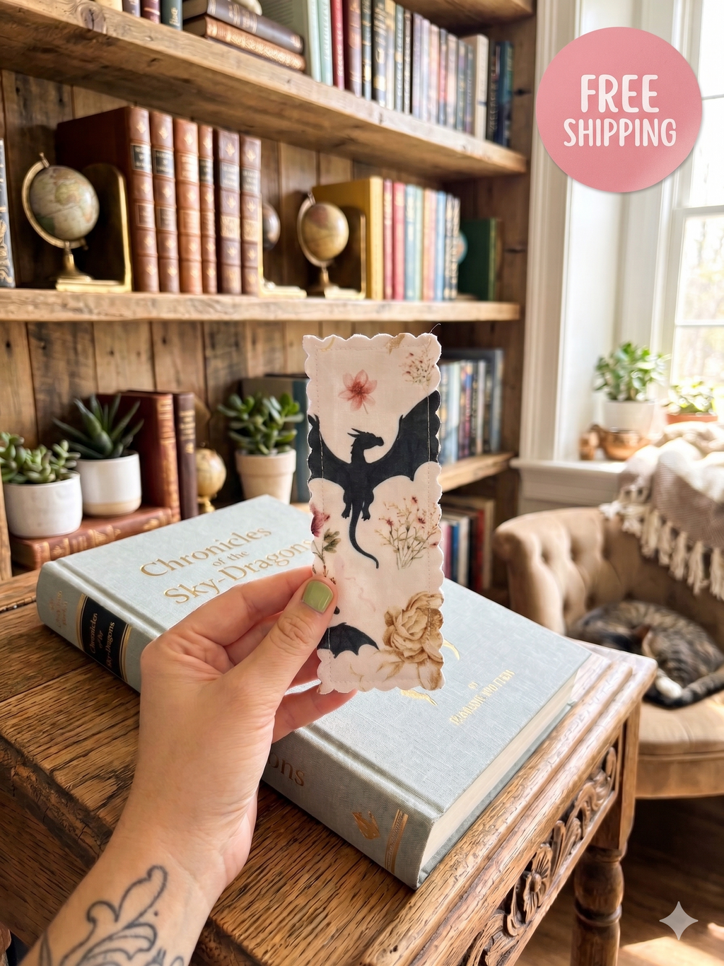 Fabric Bookmark - Pink Floral Dragon - Book Lover Gifts