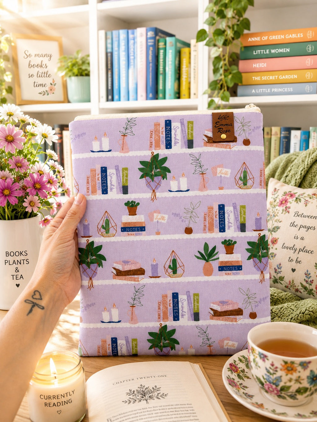 Book Sleeve Cover - Purple Bookshelf - Book Lover Gifts